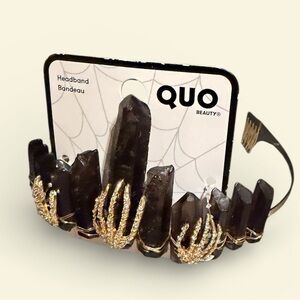 QUO Beauty Crystal Black Quartz Stone Skeleton Hand Gold Hardware Headband NEW